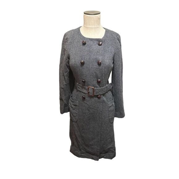 J Crew Double Breasted Wool Blend Gray Belted Collarless Coat Knee Length Size 4 - Picture 1 of 13